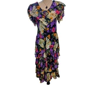 (1183)Vintage Justin David 80's Flapper Style Floral Print Tiered Ruffle Dress